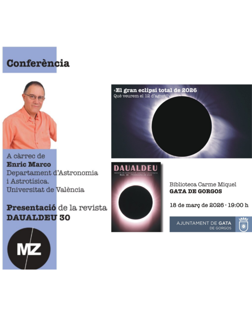 CONFERÈNCIA: “El gran eclipsi total de 2026. Què veurem el 12 d’agost?” per Enric Marco i PRESENTACIÓ de la Revista DAUALDEU, núm. 30